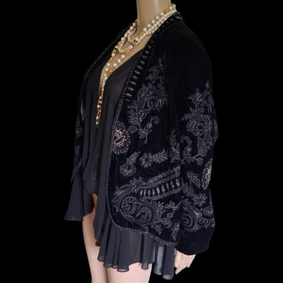 Fantasy Chiffon Ruffles Floral Embroidered Beading Black Velvet Jacket Sz M - Picture 5 of 10